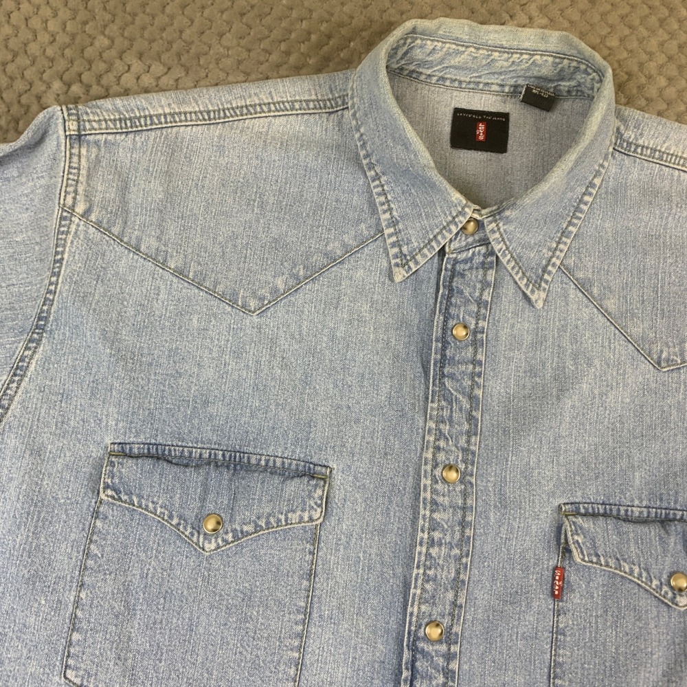 Levis Red Tab Western Pearl Snap Denim Shirt Mens XL Light Wash Cotton 60581